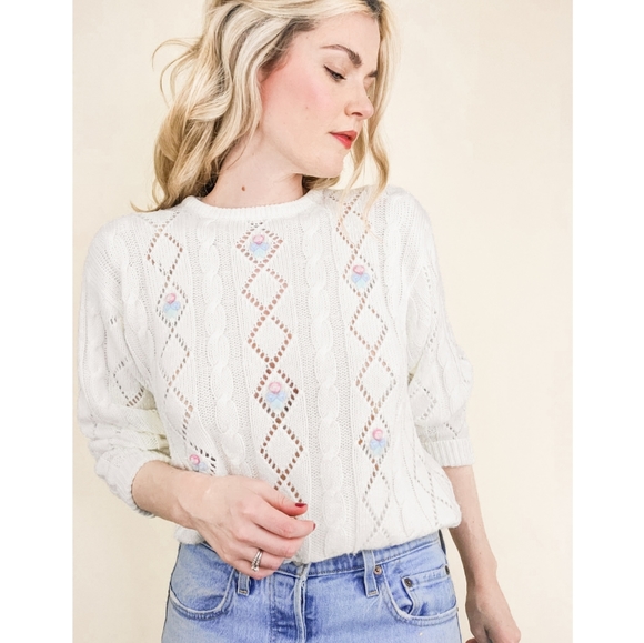 Vintage Sweaters - 80s Ivory Floral Embroidered Pointelle VTG Sweater